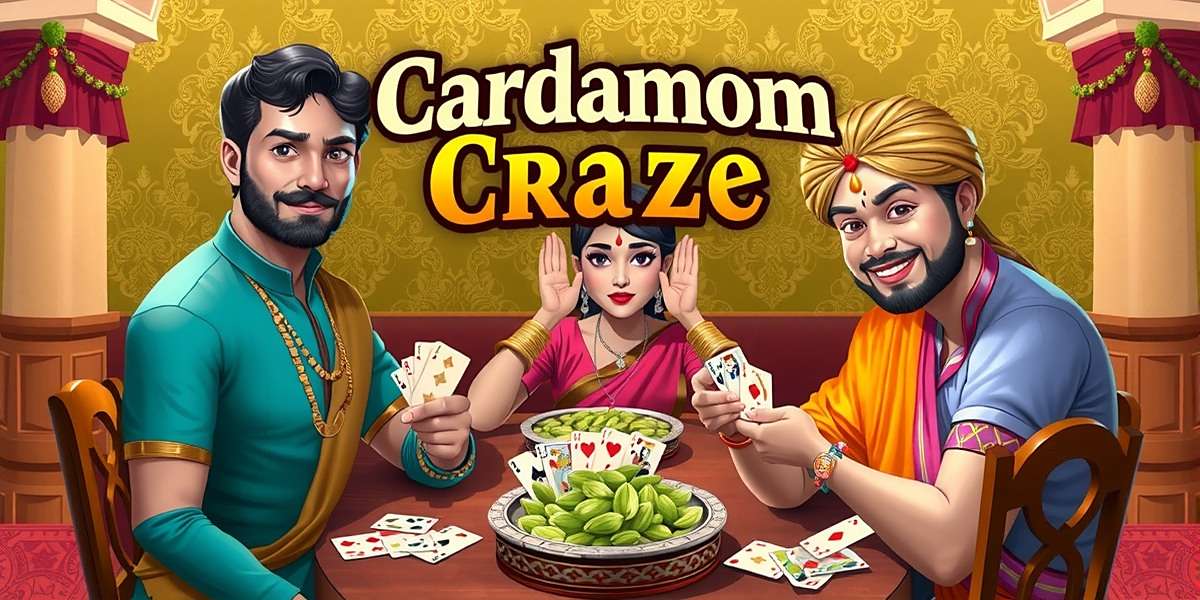 Cardamom Craze game cover showing traditional Indian card players around a table with cardamom pods and royal motifs