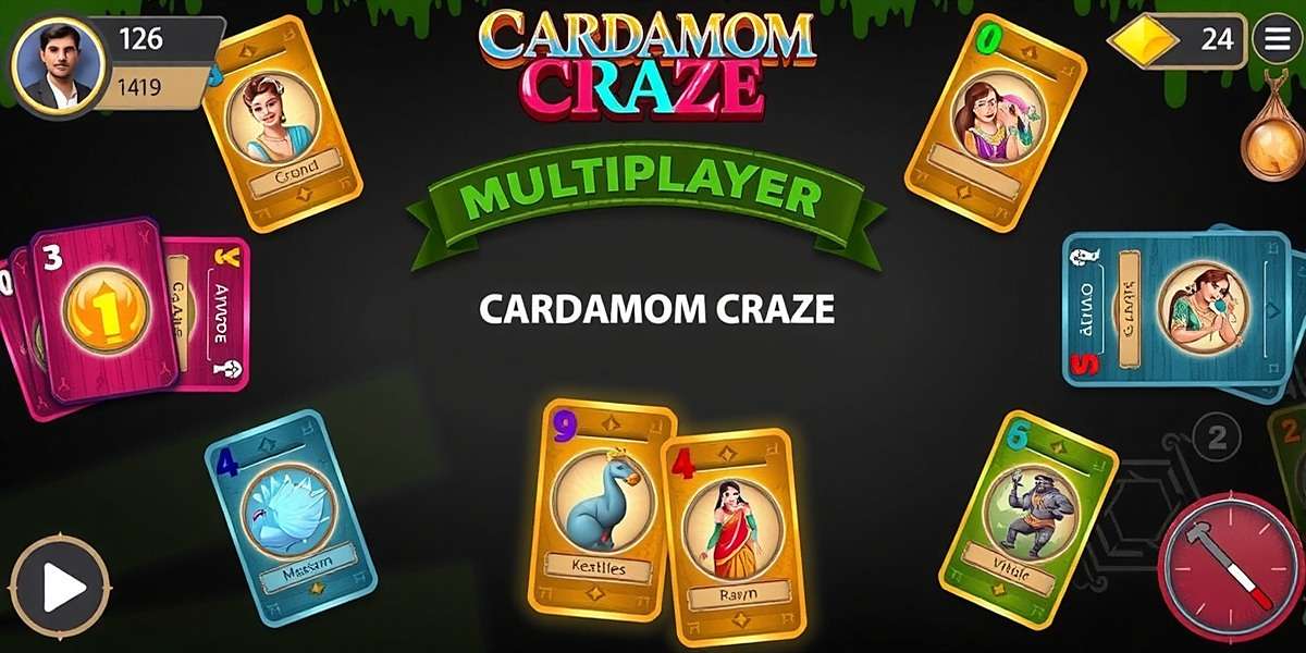 Cardamom Craze gameplay showing digital cards with Indian artistic designs and players competing in a multiplayer match
