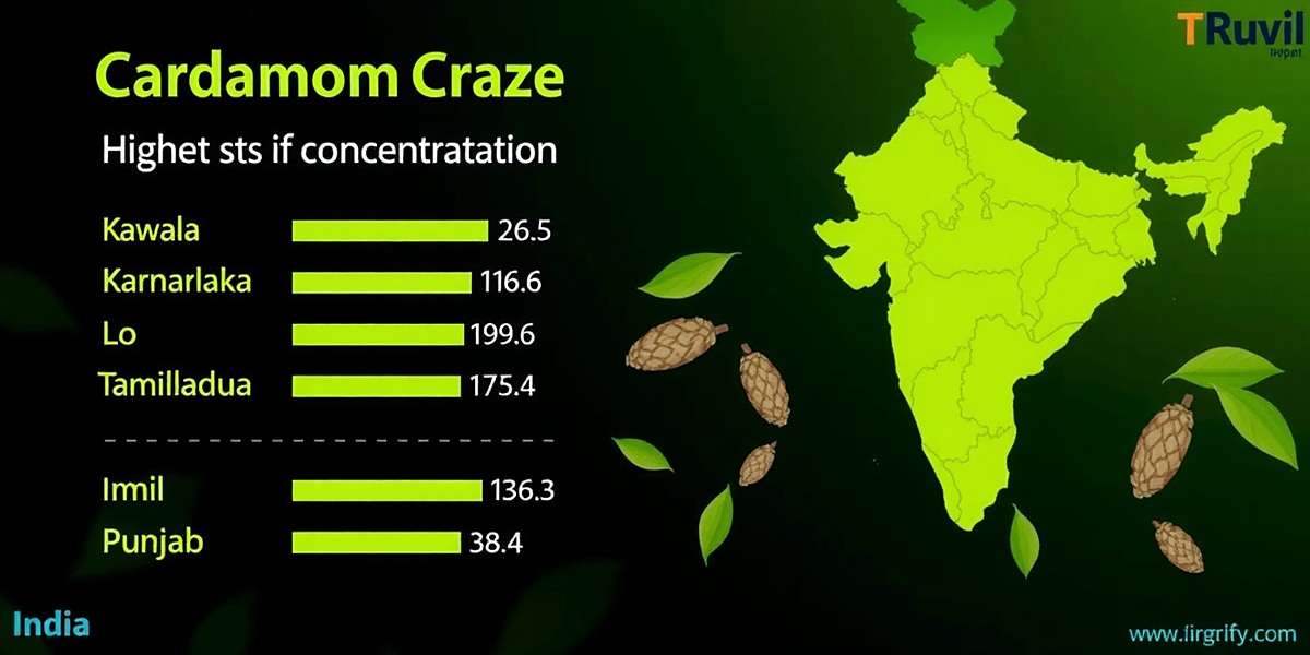 Map of India showing Cardamom Craze popularity with highest concentration in Kerala, Karnataka, Tamil Nadu, and Punjab